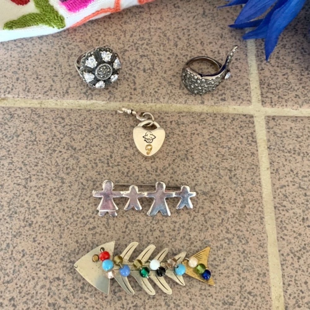 Silver Jewelry Bundle Pins, Rings, Charm
